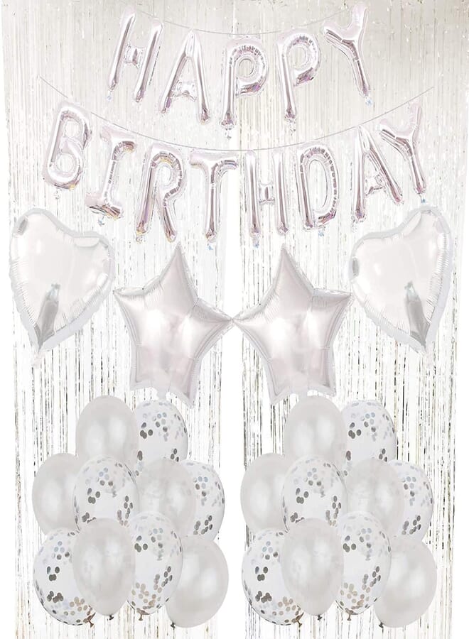 Secret Silver Birthday Party Decorations Set Happy Birthday Banner Confetti Foil Balloons Glitter Fringe Curtain