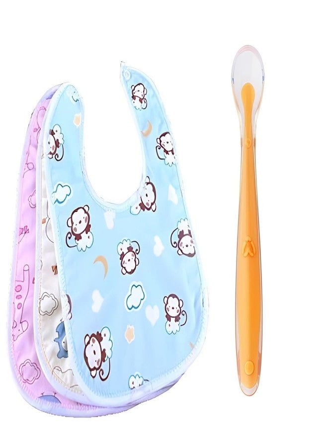 KIDS BASIC Baby Feeding Bibs (Pack of 3) & Silicone Spoon |Waterproof Bib | Baby Apron | BPA Free Self Feeding Spoon (Orange) - Image 1