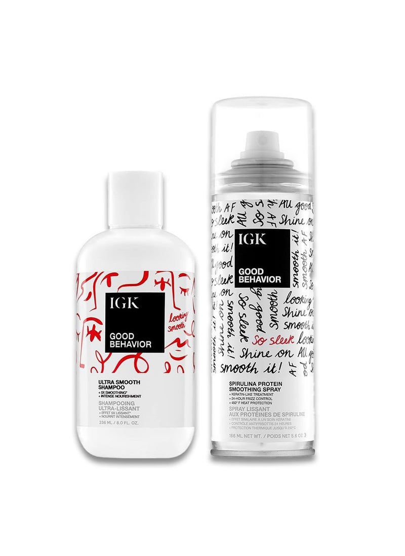 iGK IGK GOOD BEHAVIOR | Ultra Smooth Shampoo (8 Oz) + Spirulina Protein Spray (5.6 Oz) | Frizz Control + Hydrates + Shine | Vegan + Cruelty-Free | 