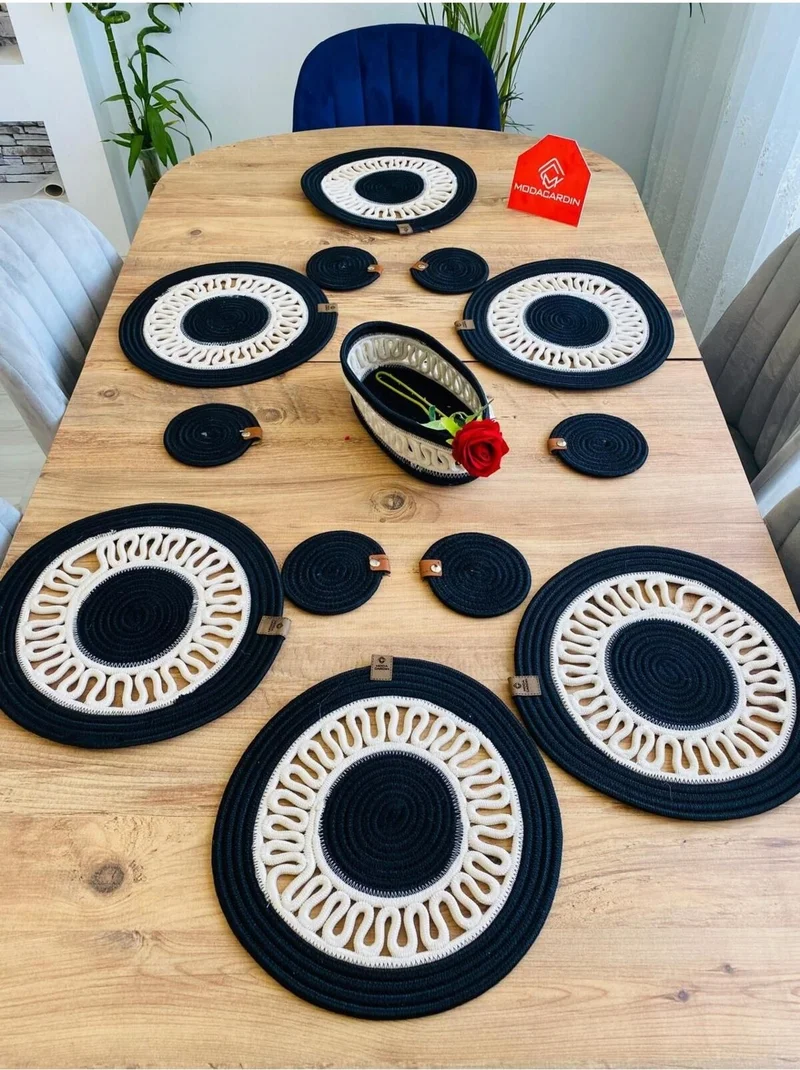BDZ Deri BDZ Leather Jute Wicker American Service Plate Coaster and Basket 13 Pieces