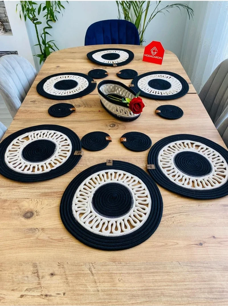 BDZ Deri BDZ Leather Jute Wicker American Service Plate Coaster and Basket 13 Pieces