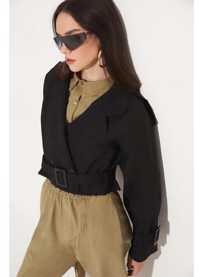 جون June Crop Trench Coat Jacket Black