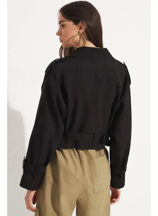جون June Crop Trench Coat Jacket Black
