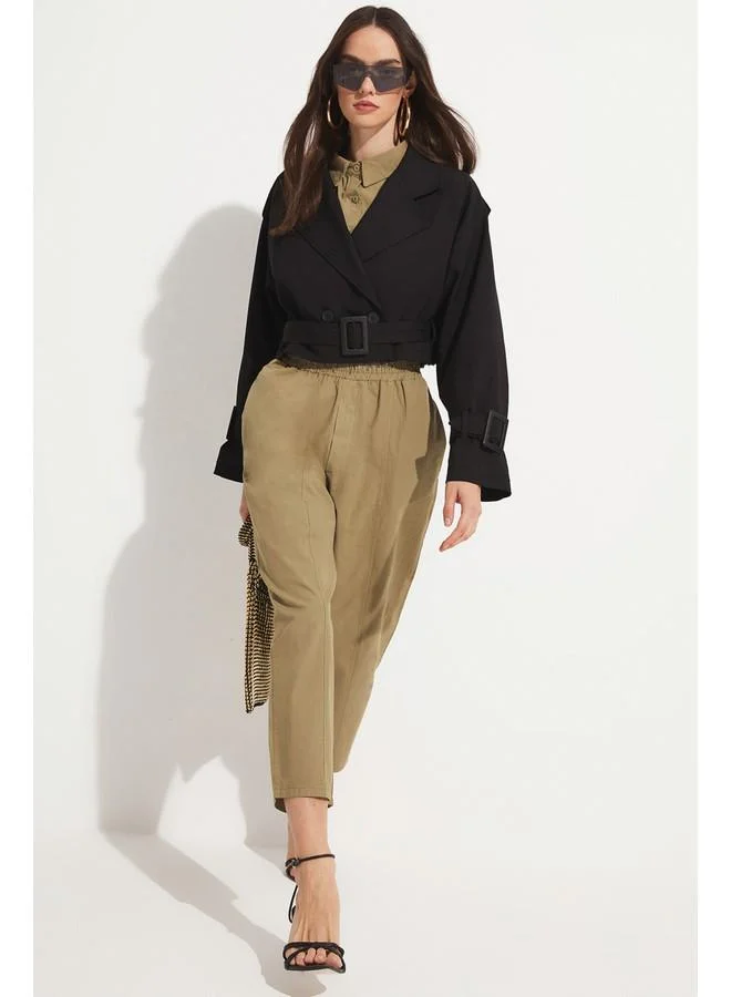 جون June Crop Trench Coat Jacket Black