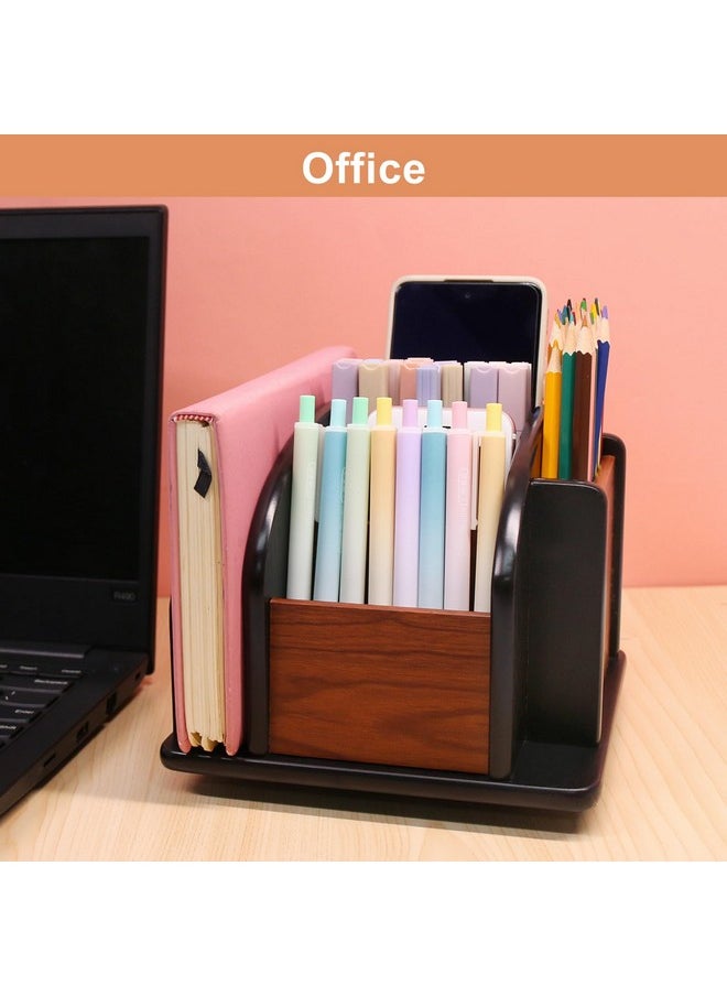 Coideal Remote Control Holder Caddy - Wooden Rotating Coffee Table Organizer Large Spinning Wood Remote Holder For Living Room Office (6 Compartments, Brown & Black)  - Image 2