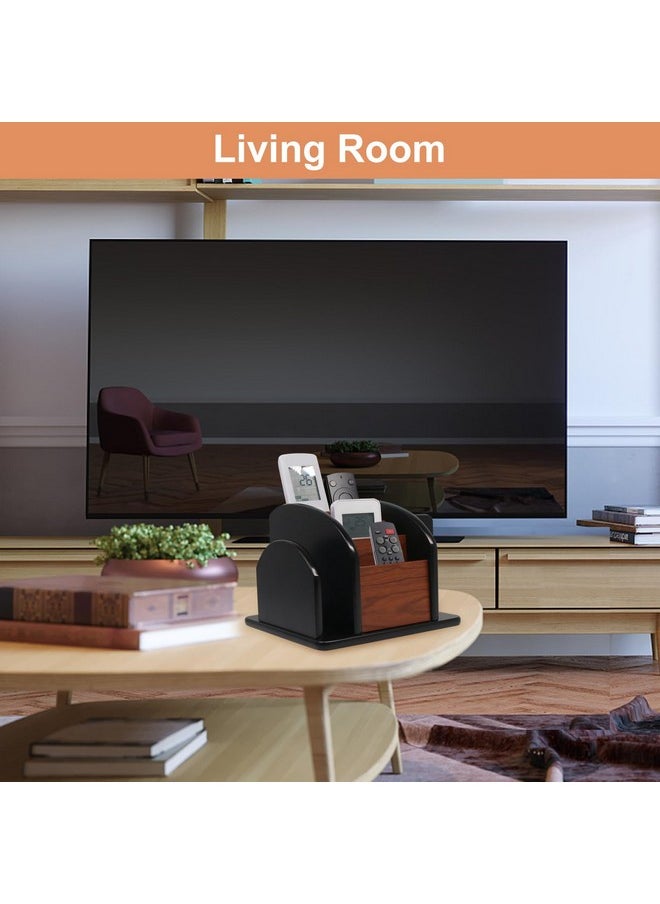 Coideal Remote Control Holder Caddy - Wooden Rotating Coffee Table Organizer Large Spinning Wood Remote Holder For Living Room Office (6 Compartments, Brown & Black)  - Image 3