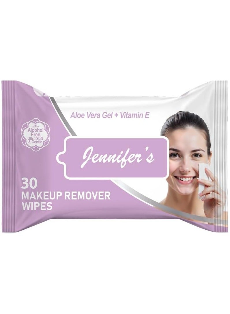 Jennifer's مناديل إزالة المكياج من جينيفر 30 قطعة - تزيل المكياج والأوساخ والزيوت بلطف - خالية من الكحول ومختبرة جلدياً - لطيفة على البشرة الحساسة - Image 1