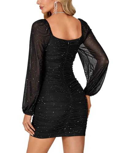 Rooscier Women's Glitter Long Sleeve Bodycon Dress Square Neck Mesh Ruched Party Mini Dresses Black X-Small - Image 5