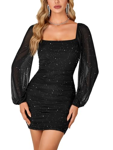 Rooscier Women's Glitter Long Sleeve Bodycon Dress Square Neck Mesh Ruched Party Mini Dresses Black X-Small - Image 1