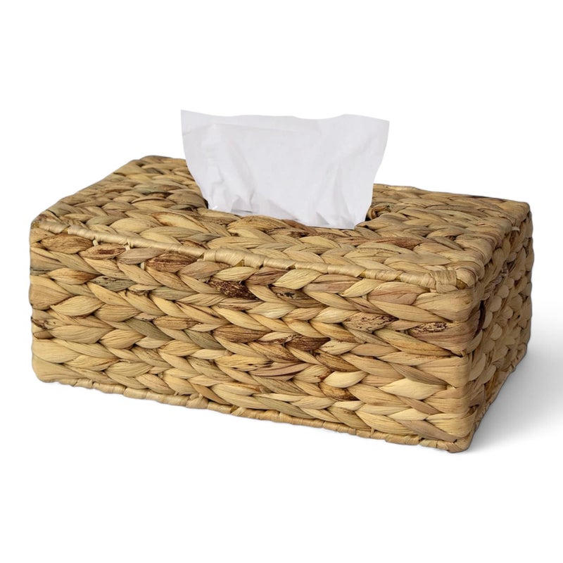 Water Hyacinth Hand Woven Rectangle Tissue Box Cover Holder  Rustic Wicker Straw Tissue Paper Box Napkin Dispenser Organizer for Kitchen Bathroom and Office with a Free Tissue Box