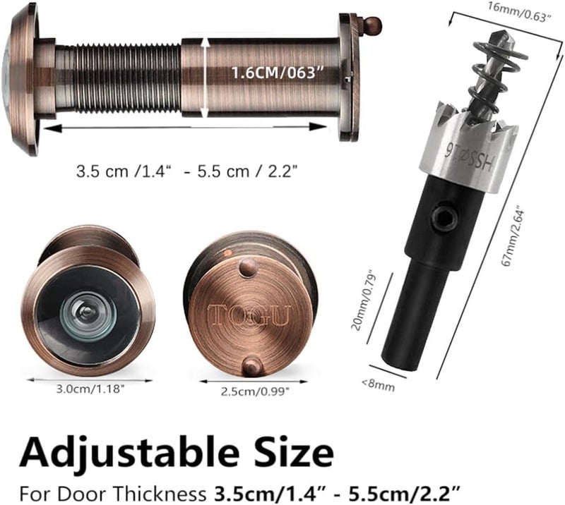 Togu 220-degree Solid Brass Peep Holes for Door with 16mm Drill Bit, 0.63 inch Door Peephole with Privacy, Compatible with Door Thick from 1-3/8" to 2-1/6", Antique Copper - Image 4
