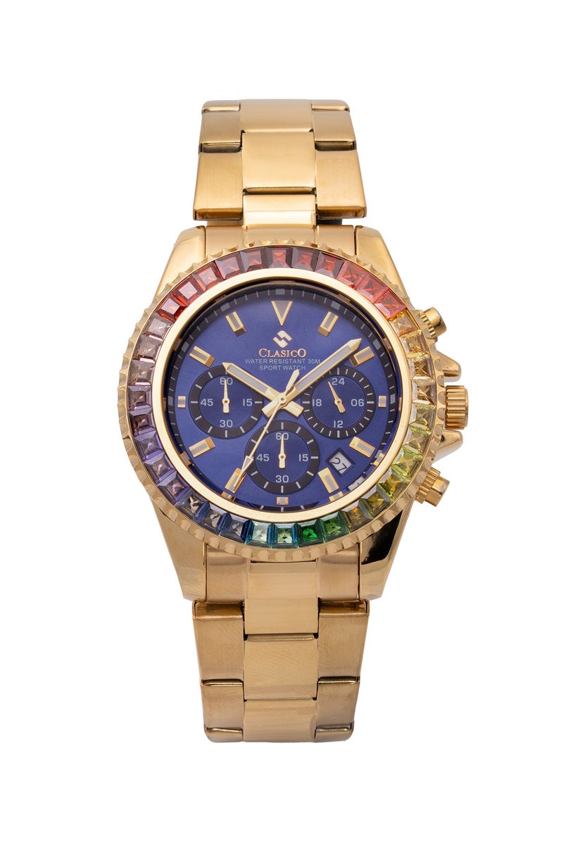 Clasico Chroma 6-Hands Chronograph Watch For Mens – Gold & Blue Ruby-Accented Bezel with Steel Bracelet – Elite Y121 Calibre Movement – Waterproof Design - Image 1