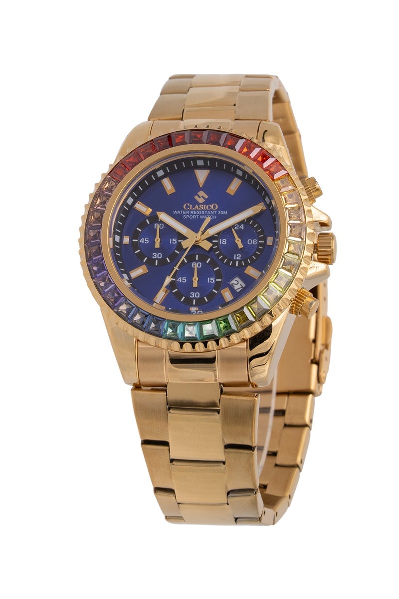 Clasico Chroma 6-Hands Chronograph Watch For Mens – Gold & Blue Ruby-Accented Bezel with Steel Bracelet – Elite Y121 Calibre Movement – Waterproof Design - Image 2
