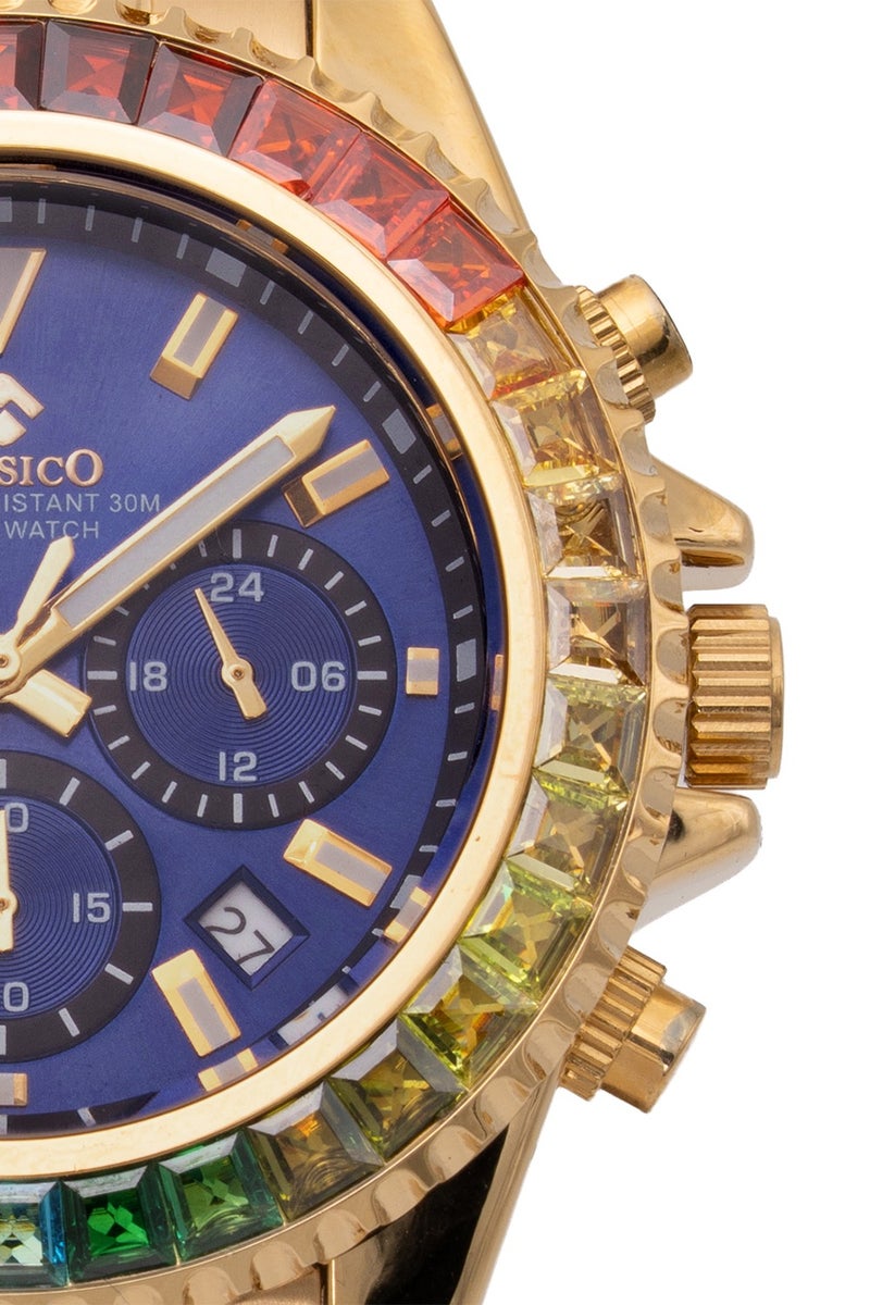 Clasico Chroma 6-Hands Chronograph Watch For Mens – Gold & Blue Ruby-Accented Bezel with Steel Bracelet – Elite Y121 Calibre Movement – Waterproof Design - Image 3