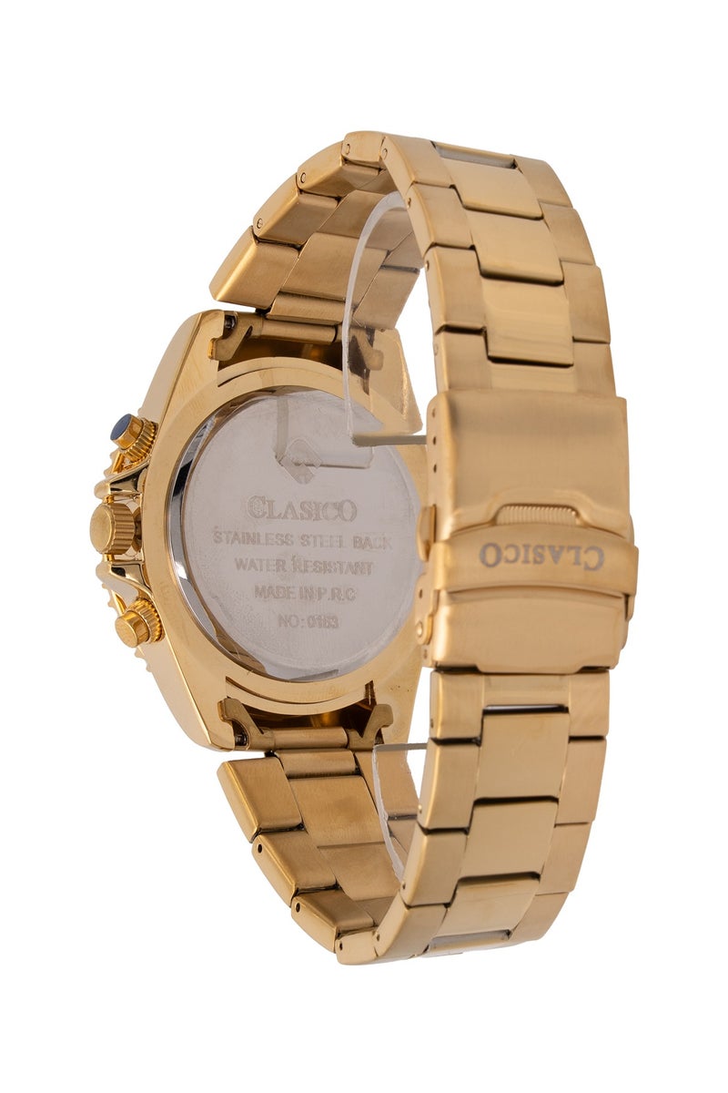 Clasico Chroma 6-Hands Chronograph Watch For Mens – Gold & Blue Ruby-Accented Bezel with Steel Bracelet – Elite Y121 Calibre Movement – Waterproof Design - Image 4