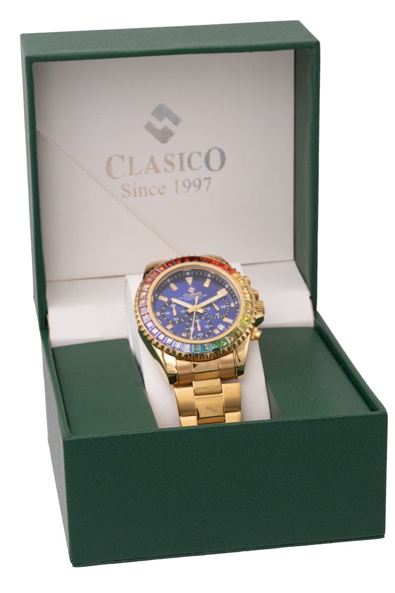 Clasico Chroma 6-Hands Chronograph Watch For Mens – Gold & Blue Ruby-Accented Bezel with Steel Bracelet – Elite Y121 Calibre Movement – Waterproof Design - Image 5