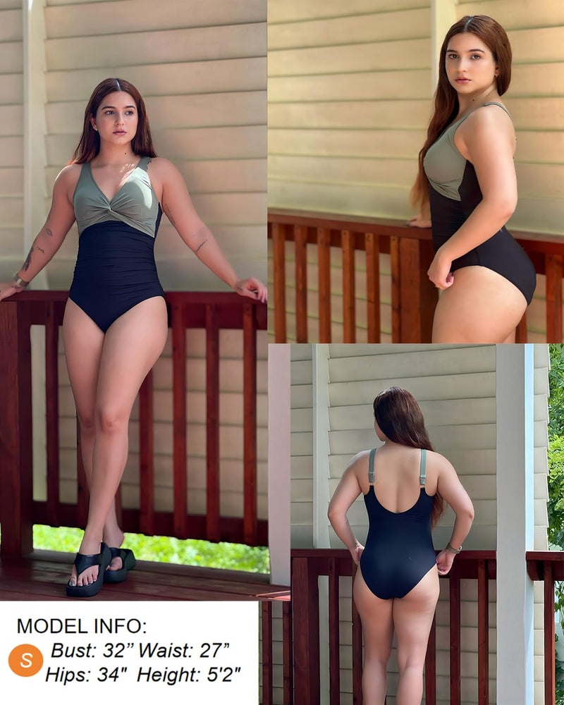 Holipick Green and Black Women Tummy Control One Piece Swimsuit - Push Up Bathing Suit Full Coverage Slimming Swimwear XL - Image 5
