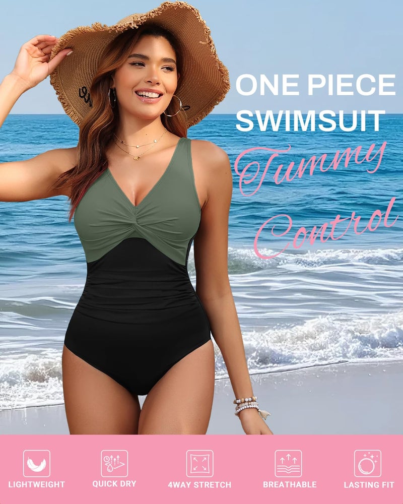 Holipick Green and Black Women Tummy Control One Piece Swimsuit - Push Up Bathing Suit Full Coverage Slimming Swimwear XL - Image 4