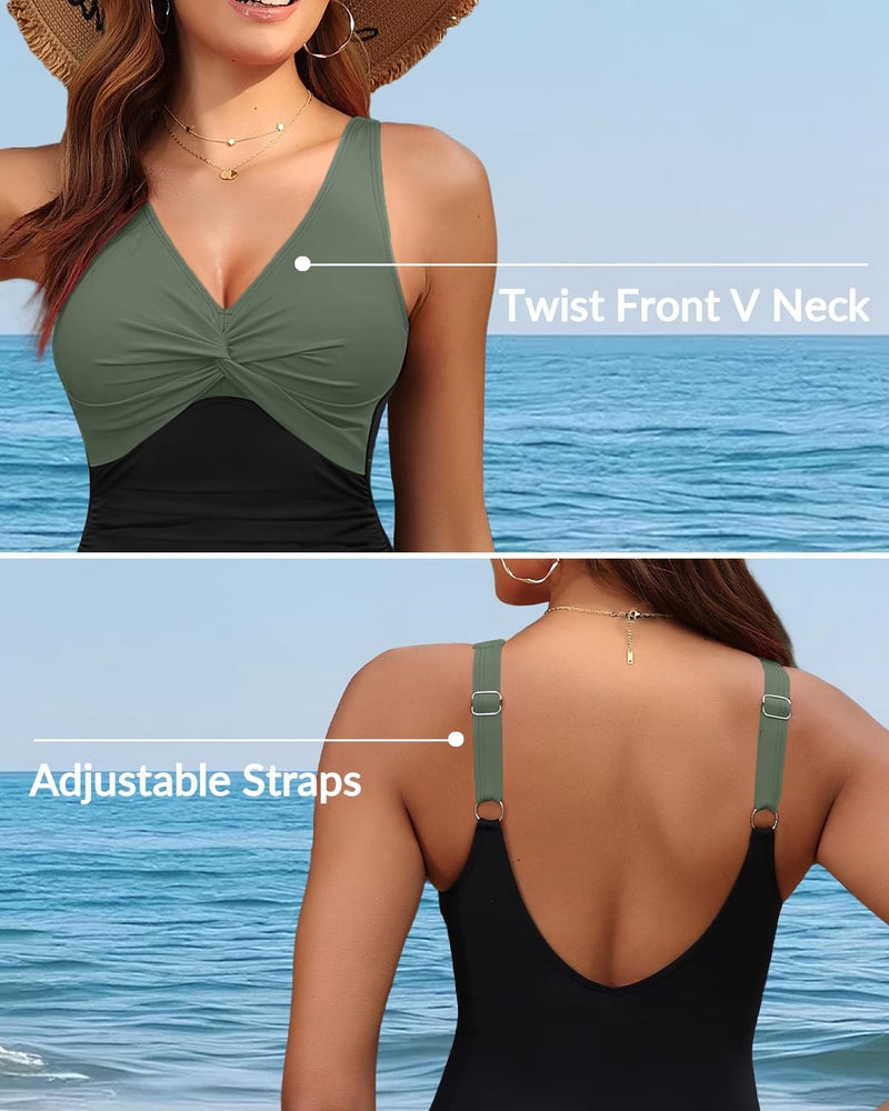 Holipick Green and Black Women Tummy Control One Piece Swimsuit - Push Up Bathing Suit Full Coverage Slimming Swimwear XL - Image 2