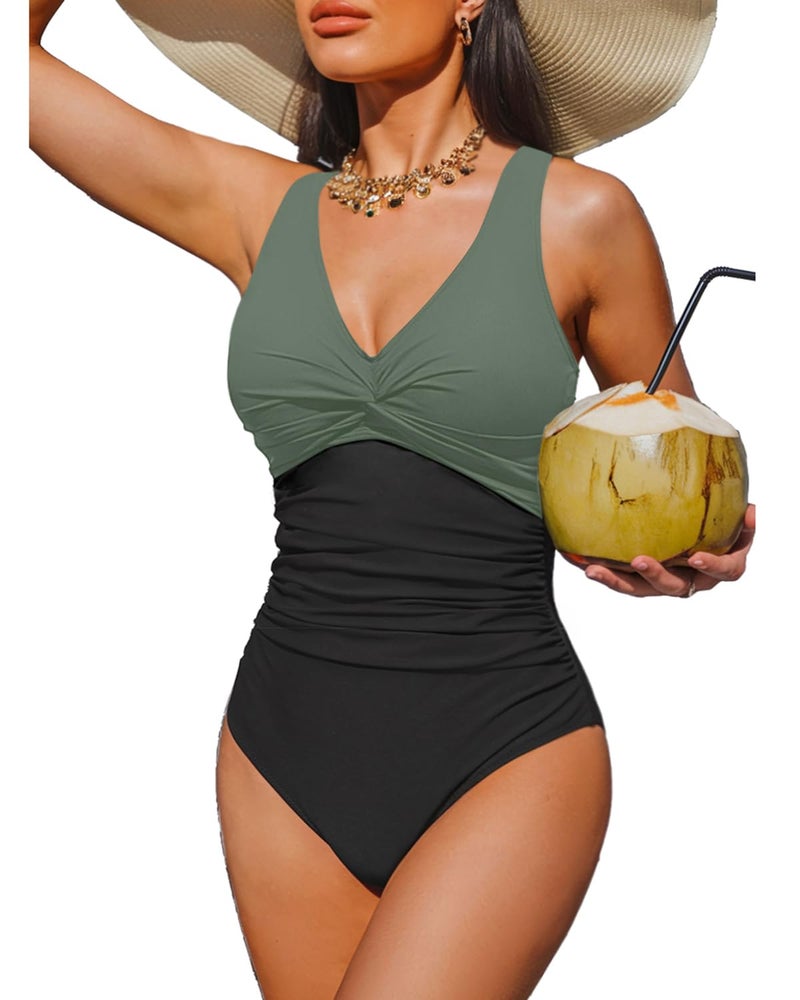 Holipick Green and Black Women Tummy Control One Piece Swimsuit - Push Up Bathing Suit Full Coverage Slimming Swimwear XL - Image 1