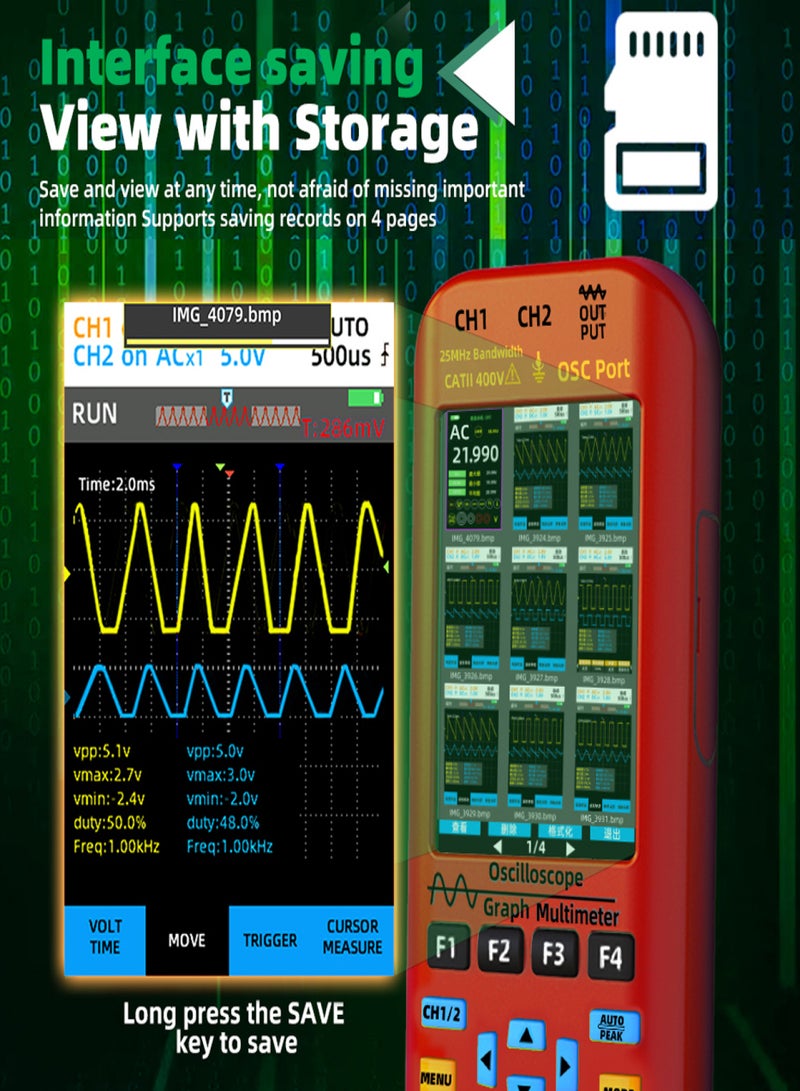 BSIDE 3in1 Oscilloscope Multimeter Signal Source 3.98inch TFT Display Oscope Meter Handheld Oscilloscope 50Mhz Bandwidth 250MSa/s Sampling Rate Dual Channel Oscillometer with Waveform Save and View - Image 4