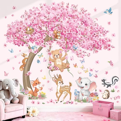 decalmile Large Cherry Blossom Tree Wall Stickers Woodland Animals Bear Deer Pink Flower Wall Decals Baby Nursery Kids Bedroom Living Room Home Decor - Image 3