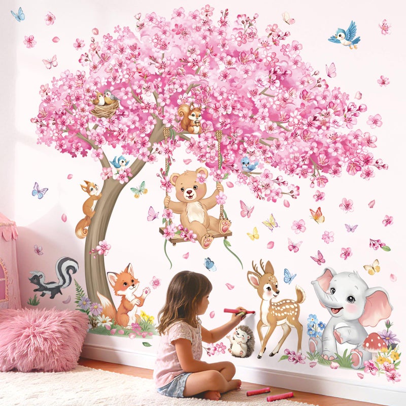decalmile Large Cherry Blossom Tree Wall Stickers Woodland Animals Bear Deer Pink Flower Wall Decals Baby Nursery Kids Bedroom Living Room Home Decor - Image 2