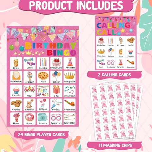 Leezead Birthday Bingo Game for Boys Girls Adults 24 Players Birthday Bingo Cards Birthday Party Supplies Fun Birthday Party Bingo Game for School Classroom Family Birthday Holiday Party Activities - Image 5