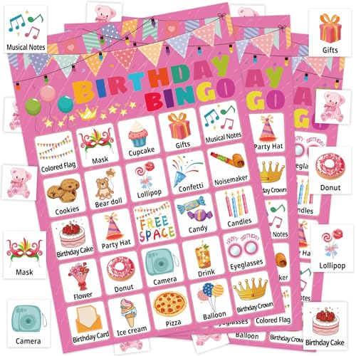 Leezead Birthday Bingo Game for Boys Girls Adults 24 Players Birthday Bingo Cards Birthday Party Supplies Fun Birthday Party Bingo Game for School Classroom Family Birthday Holiday Party Activities - Image 1
