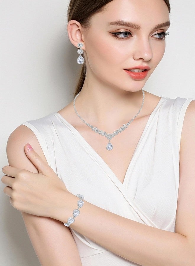 Paxuan Silver / Gold Rhinestone Crystal Wedding Bridal Bridesmaids Earrings Bracelet Set for Women Brides Bridesmaids Crystal Rhinestone Bracelet Earrings Set for Wedding Bridal Prom Pageant (Style2 - Necklace + Earrings + Bracelet(Silver Plated White Cubic Zirconia)) - Image 3