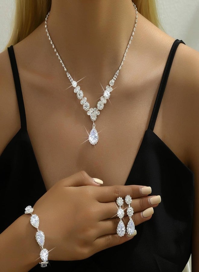 Paxuan Silver / Gold Rhinestone Crystal Wedding Bridal Bridesmaids Earrings Bracelet Set for Women Brides Bridesmaids Crystal Rhinestone Bracelet Earrings Set for Wedding Bridal Prom Pageant (Style2 - Necklace + Earrings + Bracelet(Silver Plated White Cubic Zirconia)) - Image 2