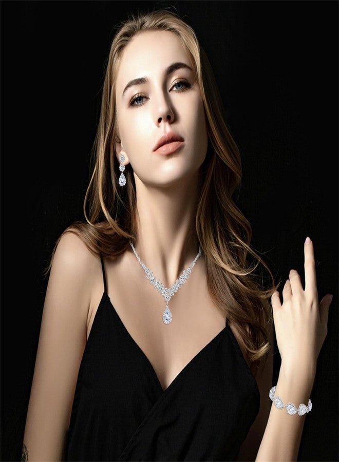 Paxuan Silver / Gold Rhinestone Crystal Wedding Bridal Bridesmaids Earrings Bracelet Set for Women Brides Bridesmaids Crystal Rhinestone Bracelet Earrings Set for Wedding Bridal Prom Pageant (Style2 - Necklace + Earrings + Bracelet(Silver Plated White Cubic Zirconia)) - Image 5