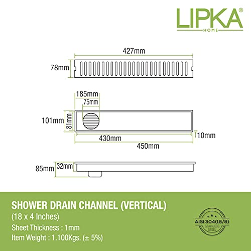 LIPKA Vertical Shower Drain Channel| 18 x 4 Inches |304 Grade Stainless Steel Shower Drain Channel for Bathrooms | Waste Water Floor Drainer with Anti-Foul Cockroach Trap Side Hole with Collar - Image 2
