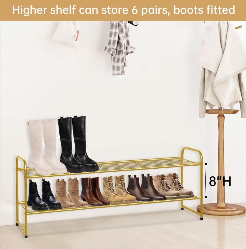 KEETDY 2-Tier Long Shoe Rack for Closet Metal Shoe Organizer for Entryway, Wide Stackable Shoe Storage Shelf with Sturdy Wire Grid for Closet Floor, Bedroom, Gold - Image 4