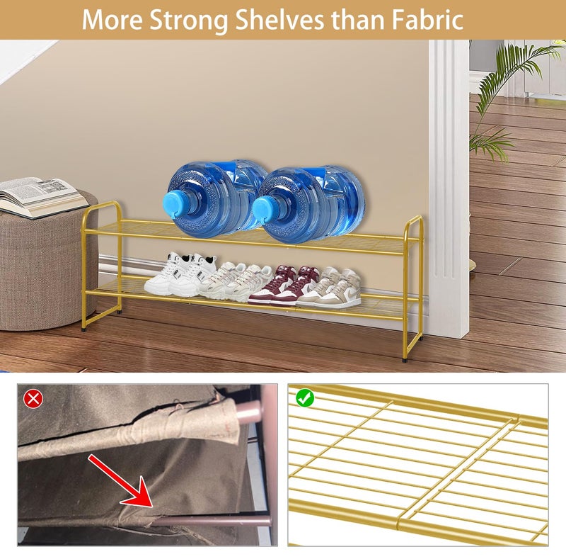 KEETDY 2-Tier Long Shoe Rack for Closet Metal Shoe Organizer for Entryway, Wide Stackable Shoe Storage Shelf with Sturdy Wire Grid for Closet Floor, Bedroom, Gold - Image 3