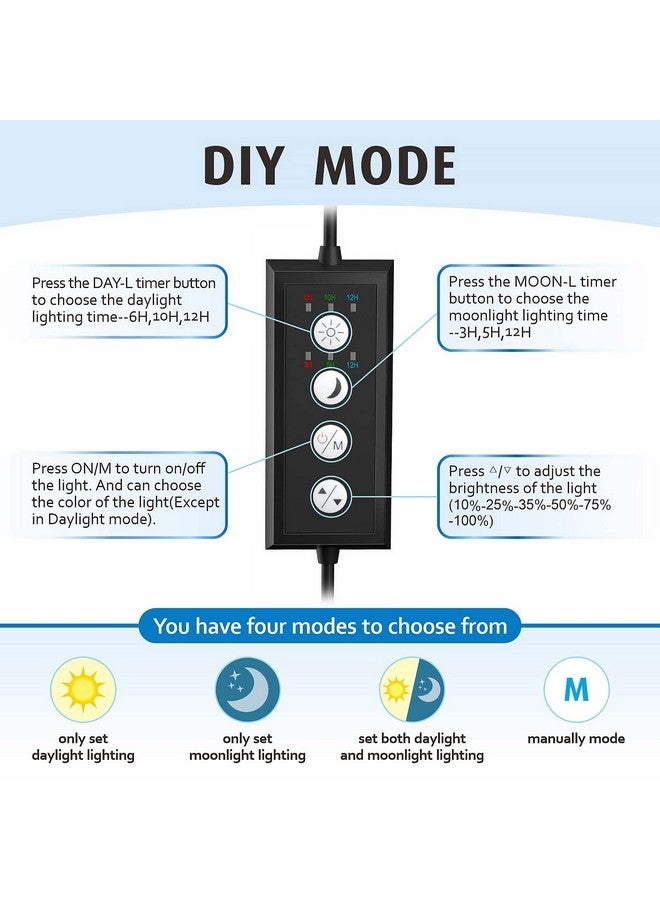 هايغر مصباح ليد لحوض السمك قابل للتثبيت بطيف كامل، 14 وات بمؤقتين نهاري وليلي لضوء شروق الشمس والنهار وغروب الشمس والقمر، سطوع مؤقت قابل للتعديل مع 9 ألوان لحوض السمك المزروع - Image 2