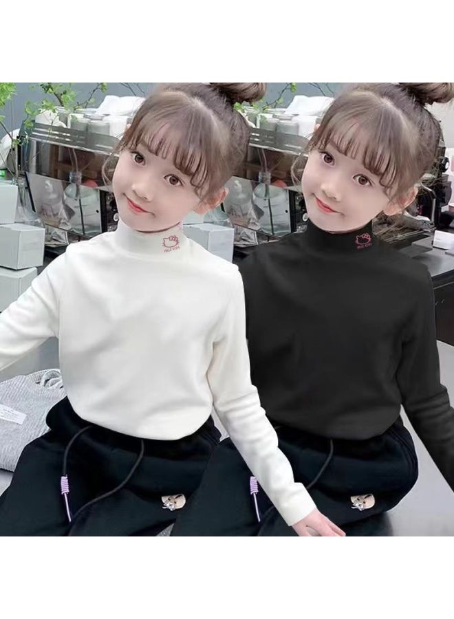 Children's Double-sided Velvet Thermal Underwear, Girls' Sweet Kitty Cat Print Semi-high Neck Warm Top, Trendy