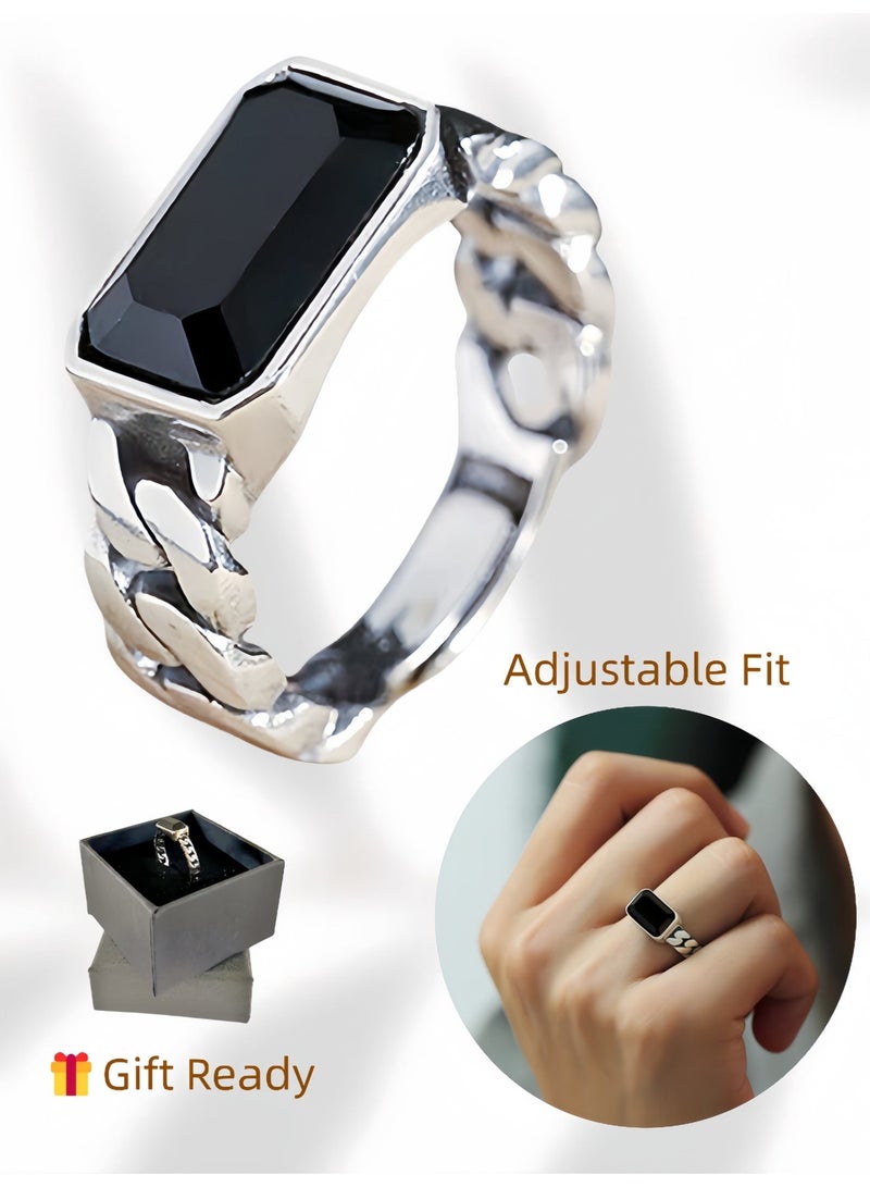 Hiras Adjustable Black Zircon Ring for Men, Vintage Silver Tone Statement Ring, Antique Style Finger Ring with Gift Box – Cool Unique Gift for Him - Image 1