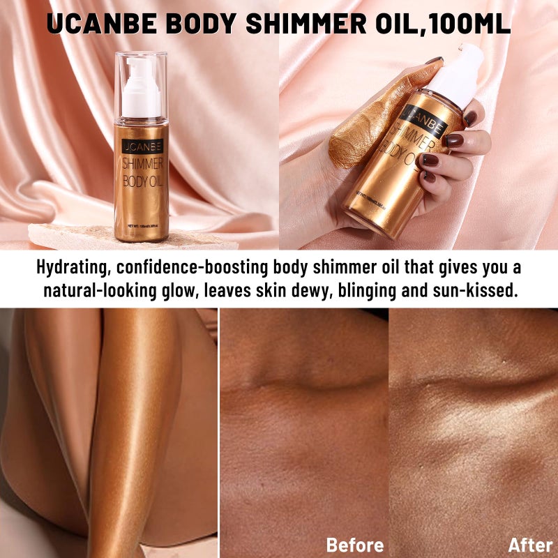 UCANBE Body Shimmer Oil - 100ml Moisturizing Glitter Oil, Waterproof Shimmering Luminizer Liquid Illuminator, Tinted Glow Bronzer (Bronze Gold) - Image 4