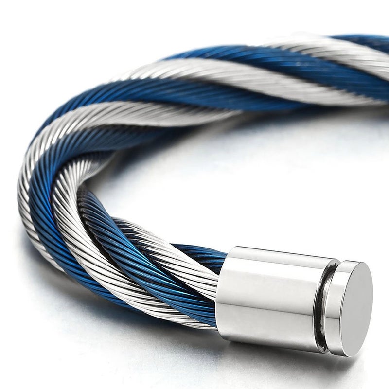 COOLSTEELANDBEYOND Large Elastic Adjustable Steel Twisted Wire Cuff Bangle Bracelet for Men Women Blue Silver Two-Tone - Image 3