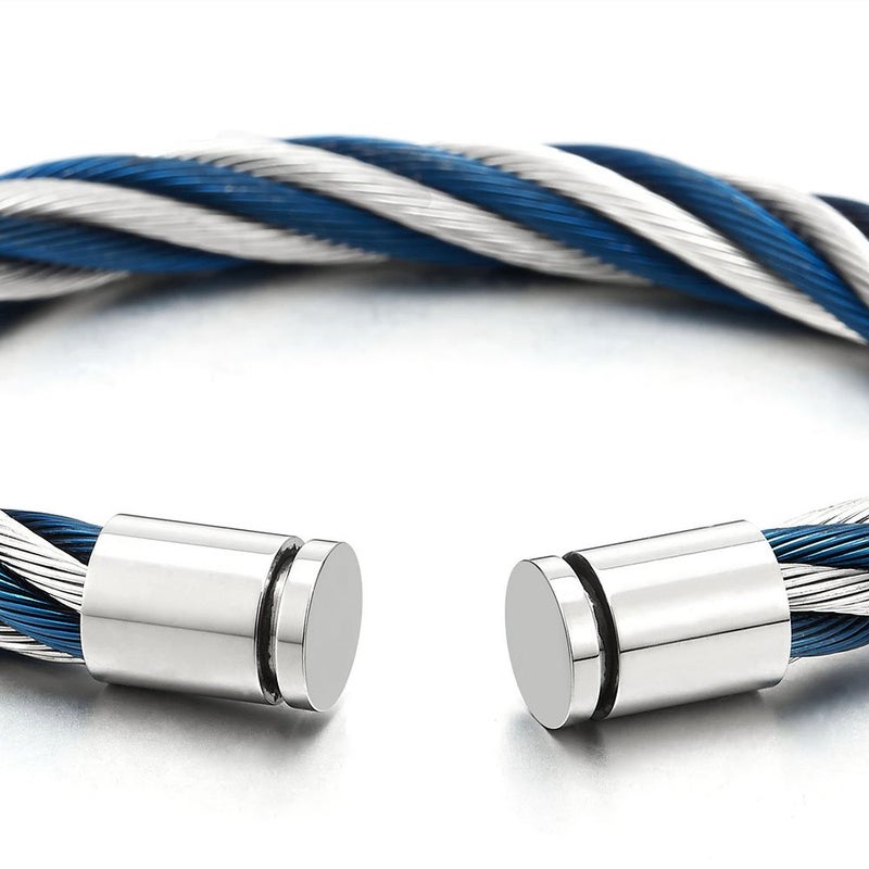 COOLSTEELANDBEYOND Large Elastic Adjustable Steel Twisted Wire Cuff Bangle Bracelet for Men Women Blue Silver Two-Tone - Image 2
