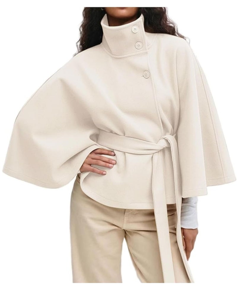 OPCAKM Women's Batwing Sleeve Poncho Coat Oversized Winter Pea Coat Stand Collar Cropped Cape Jacket with Belt(Beige-S) - Image 1