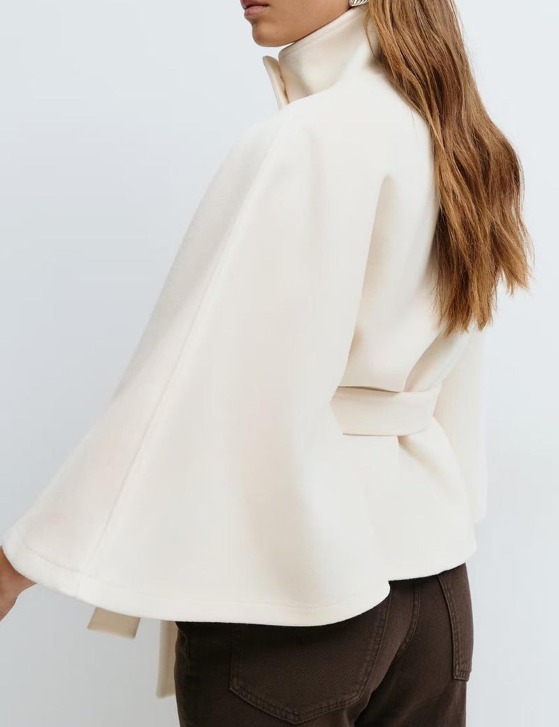 OPCAKM Women's Batwing Sleeve Poncho Coat Oversized Winter Pea Coat Stand Collar Cropped Cape Jacket with Belt(Beige-S) - Image 4