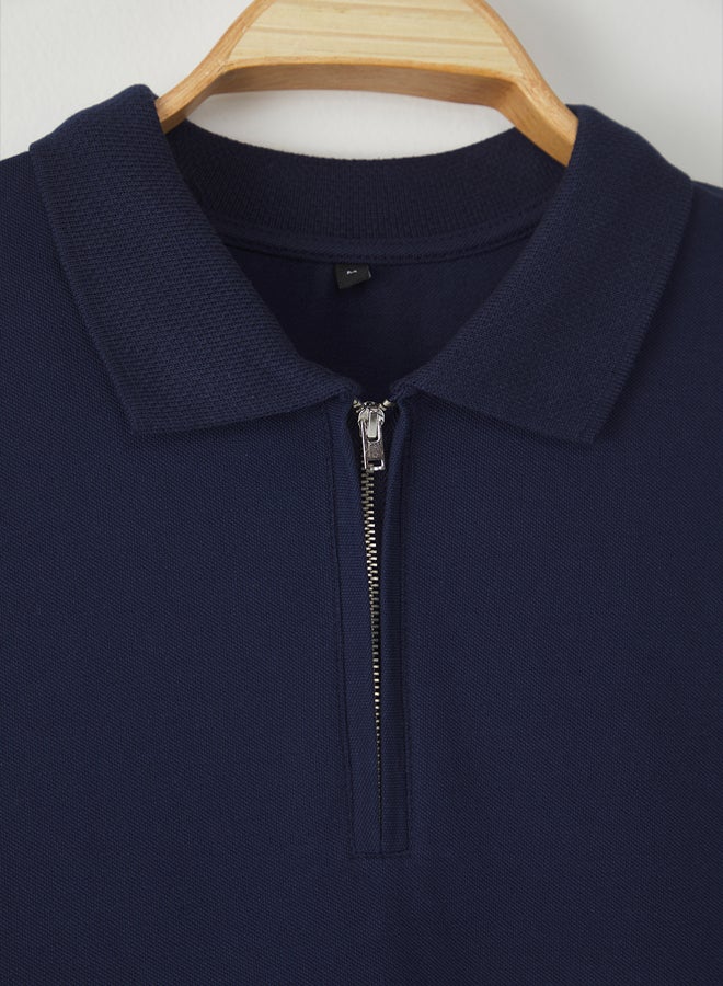trendyol Navy Blue Regular/Normal Cut Zippered 100% Cotton Polo Neck - Image 5
