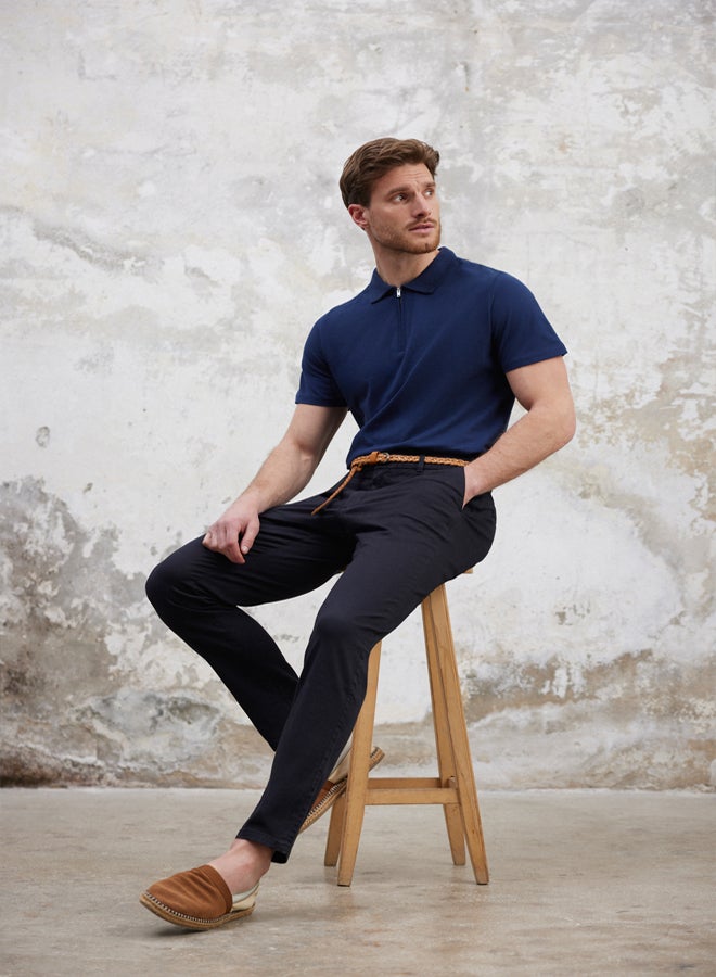 trendyol Navy Blue Regular/Normal Cut Zippered 100% Cotton Polo Neck - Image 1