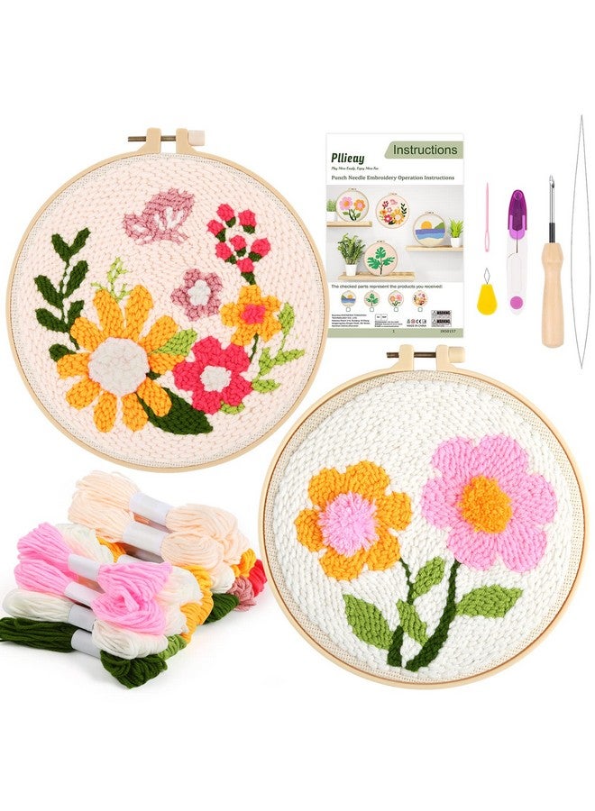 Pllieay 2 Set Punch Needle Embroidery Starter Kits Include Instructions, Punch Needle Fabric With Pattern, Yarns, Embroidery Hoops For Rug-Punch & Pinch Needle  - Image 1