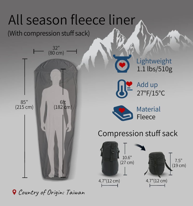 Litume All Season Fleece Sleeping Bag Liner Lightweight Mummy Sleeping Sack for Cold Weather and Winter Backpacking, Camping, Traveling with Drawstring Hood(E629B) - Image 2