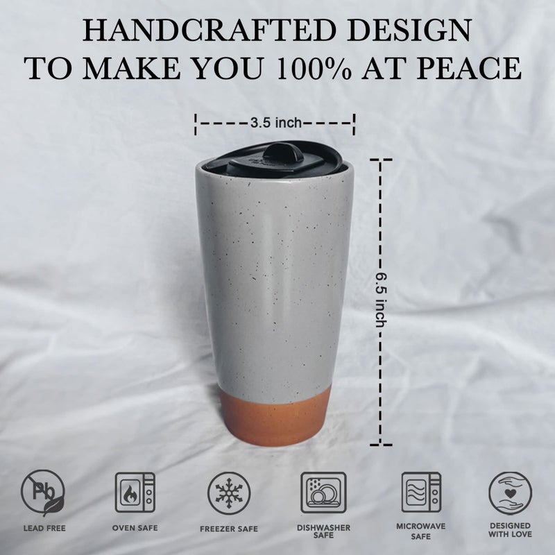MORA CERAMICS HIT PAUSE Mora Double Wall Ceramic Coffee Travel Mug with Lid, 14 oz, Portable, Microwave, Dishwasher Safe, Insulated Reusable Tall Cup, Splash Resistant Lid - To Go Tumbler for Car Cup Holder, Overcast Grey - Image 2