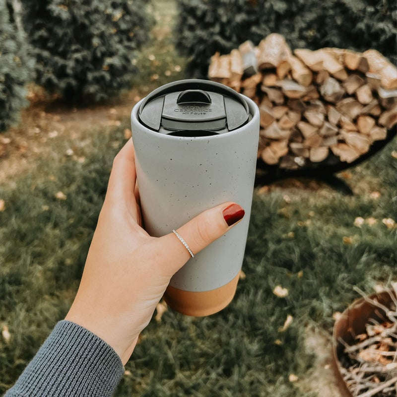 MORA CERAMICS HIT PAUSE Mora Double Wall Ceramic Coffee Travel Mug with Lid, 14 oz, Portable, Microwave, Dishwasher Safe, Insulated Reusable Tall Cup, Splash Resistant Lid - To Go Tumbler for Car Cup Holder, Overcast Grey - Image 5