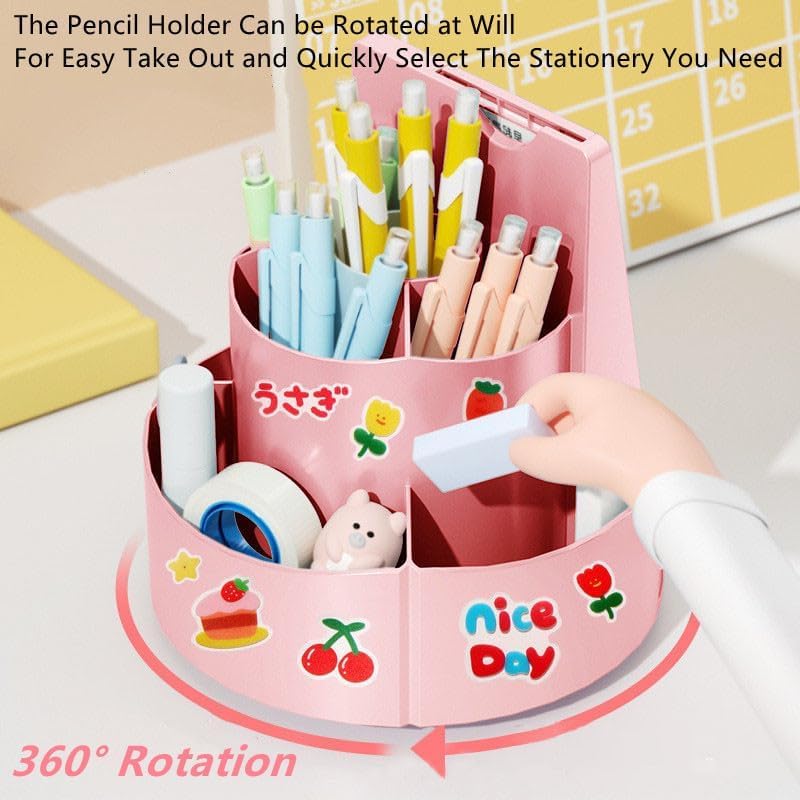 Parssufy Multifuntional 360 Degree Rotating Pen Holder for Desk Pencil Organizer|Student Self Discipline Board with 7 Compartments an Random Stickers,13 Sheets Chore Chart (Pink) - Image 3